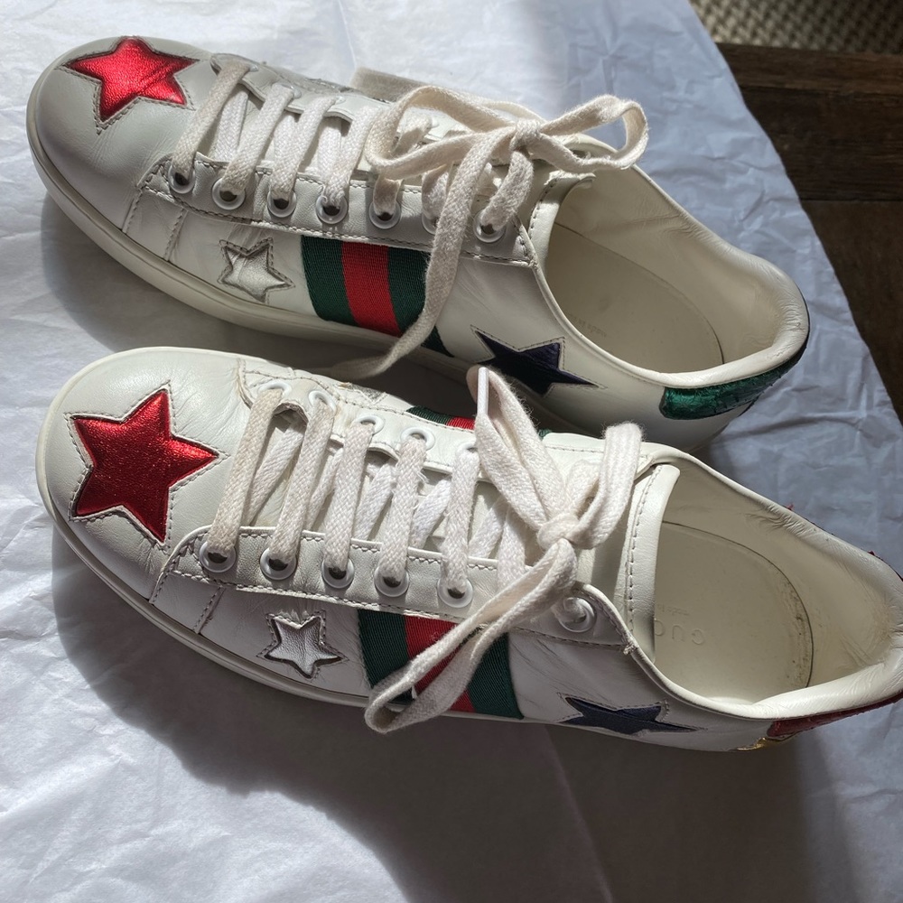 Gucci White Leather Metallic Stars Ace Low-Top Sneakers Size 36